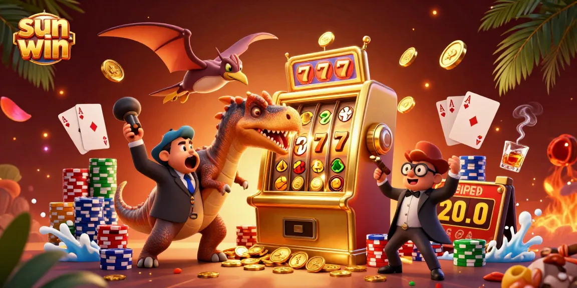 Experience sun win with a dynamic illustration of dinosaur characters engaging with a jackpot slot machine and flying coins.