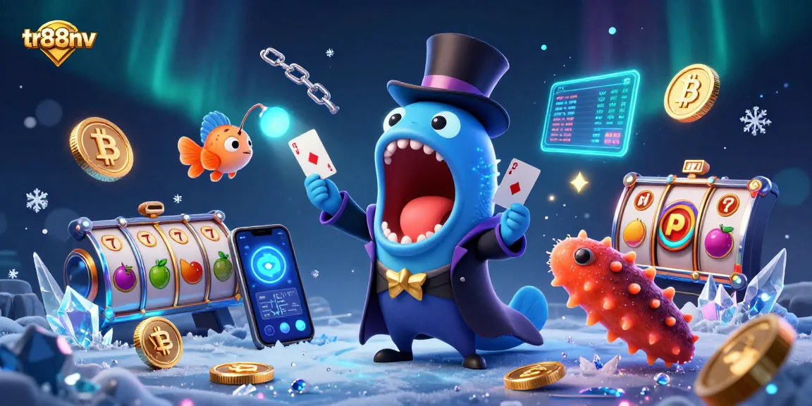 tr88nv showcases a vibrant casino scene with a magical eel performing card tricks amidst rich gaming elements.