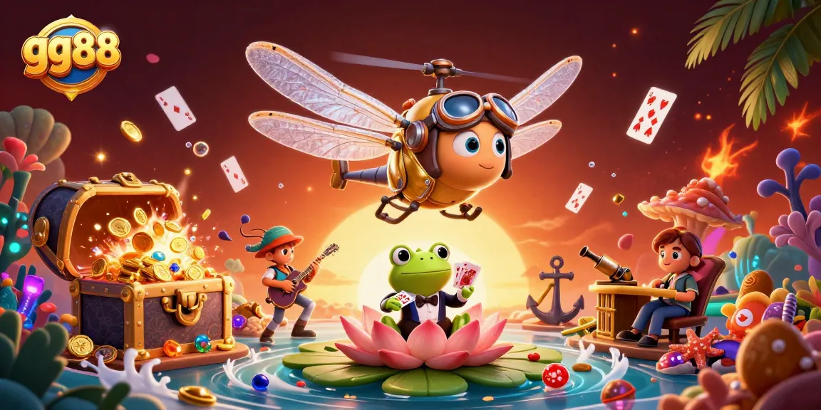 Experience excitement at GG88 with a dragonfly pilot and frog croupier in a lively casino scene.