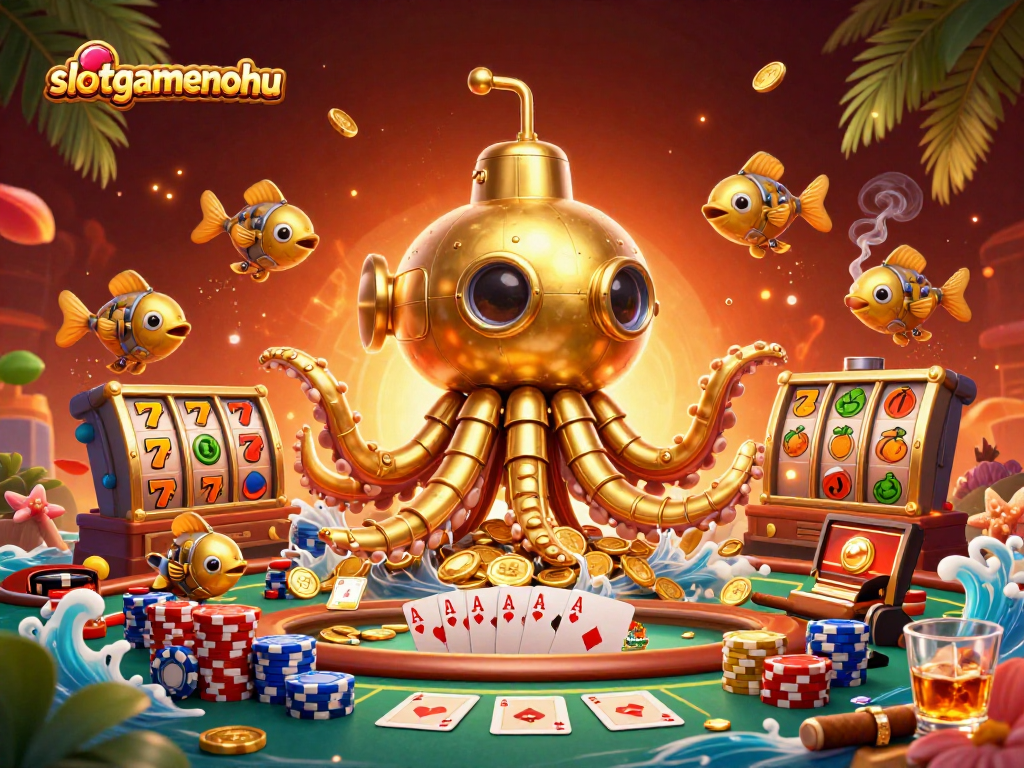 Experience thrilling gameplay with slotgamenohu featuring a golden kraken submarine amidst slot symbols.