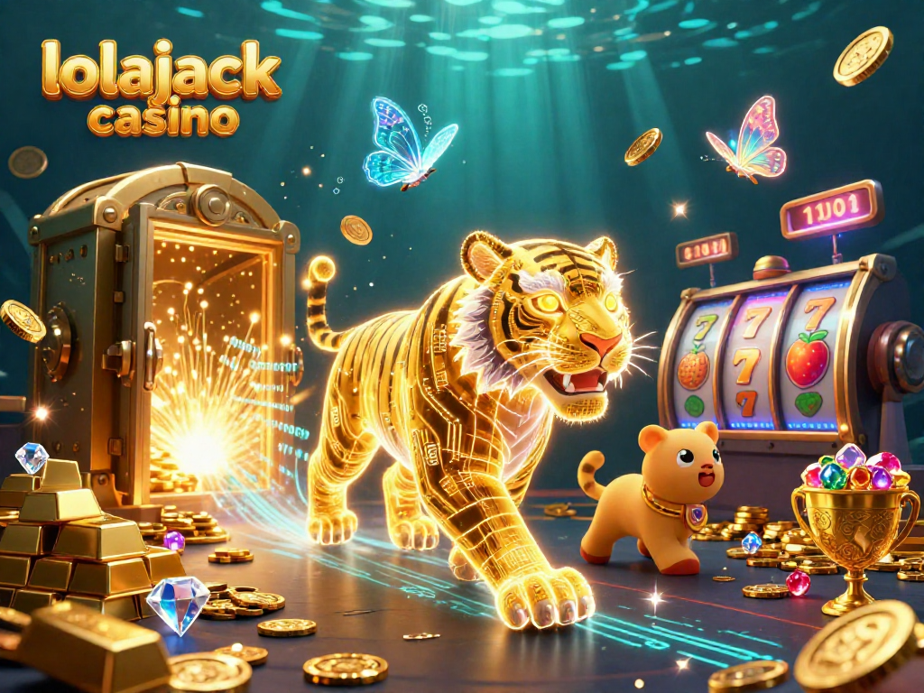 Experience the thrill at lolajack casino with a dazzling 3D scene of a golden tiger among treasures.