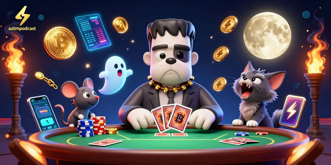 sotmpodcast menampilkan monster bulldog Frankenstein bermain kartu di meja poker dengan berbagai elemen judi digital