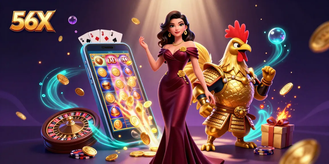 Experience the thrill of 56X with glamorous characters and vibrant gaming elements in an immersive casino setting.