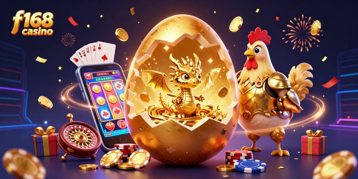 Spin and win at f168 casino with a vibrant 3D golden dragon and dynamic gaming elements.