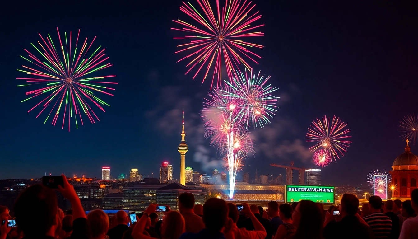 Buy fireworks Manchester lighting up night sky with vibrant colors, joyous crowd enjoying show.