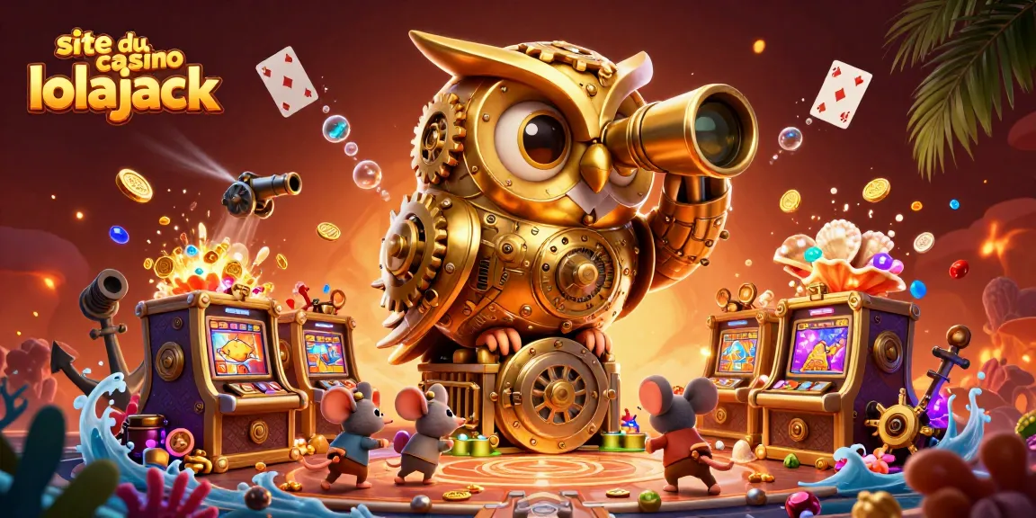 Découvrez le site du casino lolajack avec une illustration 3D captivante de machines à sous et créatures marines.