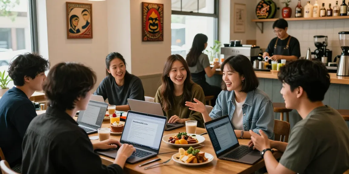 A lively café scene showing young adults discussing content from https://hanadultalk.com, surrounded by Asian pop culture items and culinary delights.