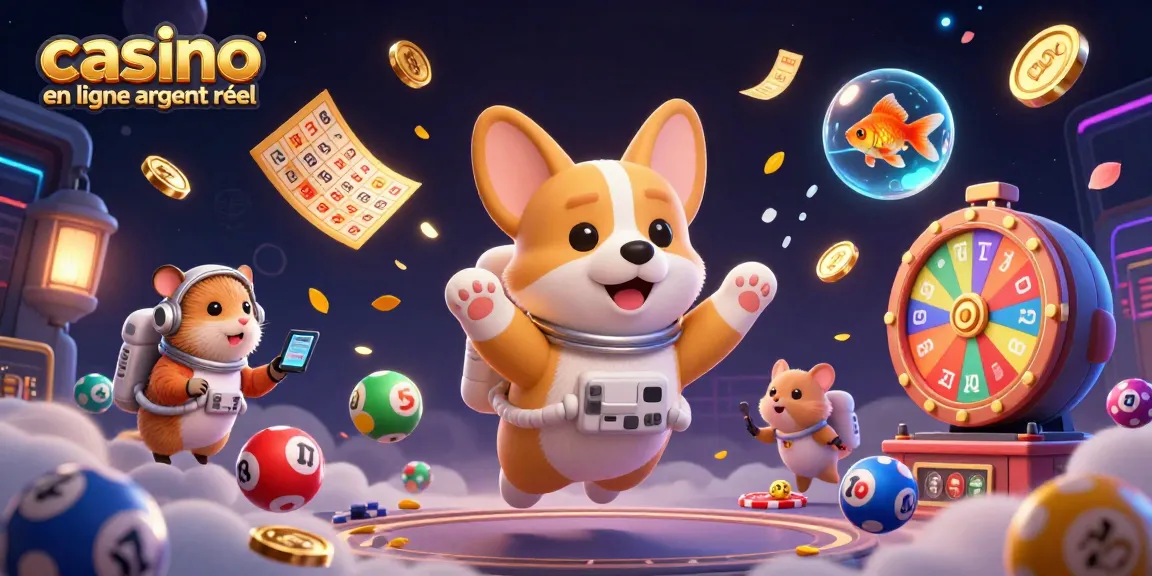 Profitez du casino en ligne argent réel avec une illustration 3D dynamique d'un corgi astronaute et éléments de jeu.