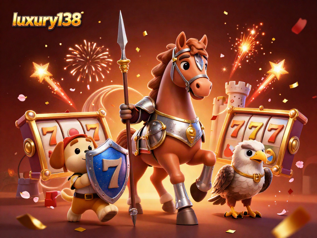 Permainan slot interaktif luxury138 dengan karakter ksatria 3D dan efek kembang api yang meriah.