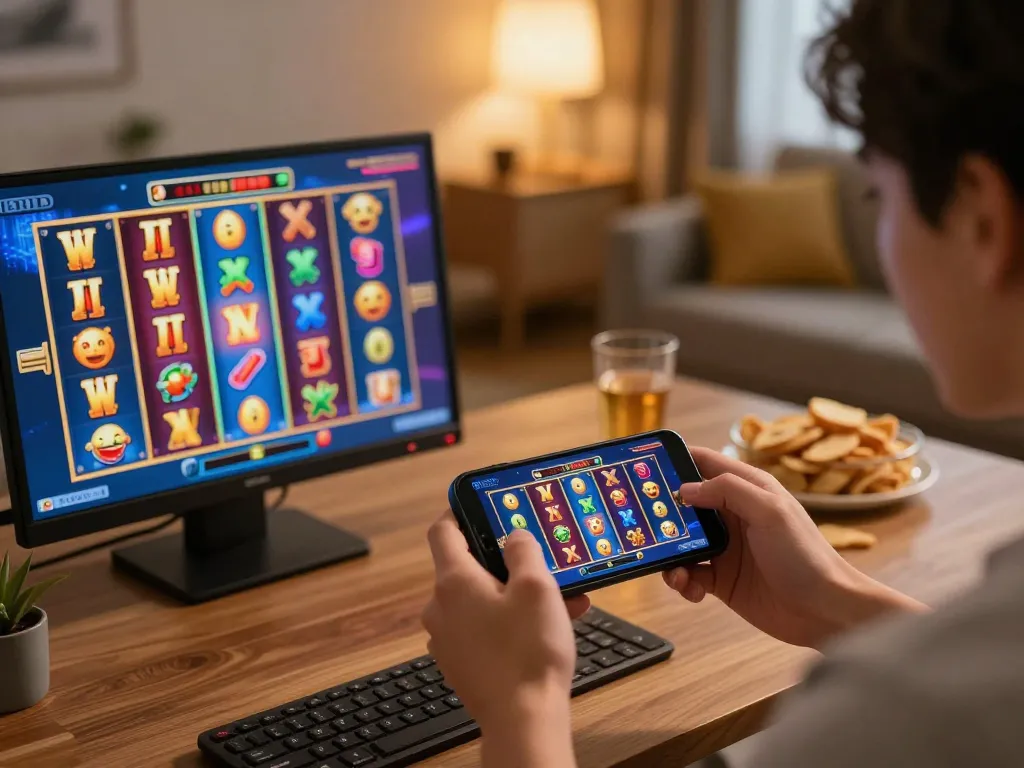 Player spinning slot games on smartphone, enjoying a cozy atmosphere in their living room.