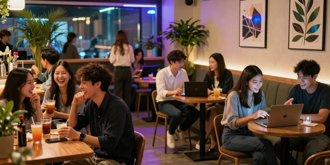 하루이야기를 통해 강남 나이트라이프 커뮤니티에서 친구들이 바에서 즐거운 시간을 보내고 있는 모습