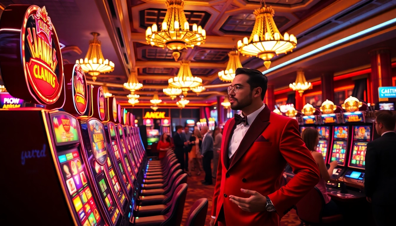 See the Vegas hero character engaging at a bustling casino, illuminating the vibrant slot machine area.