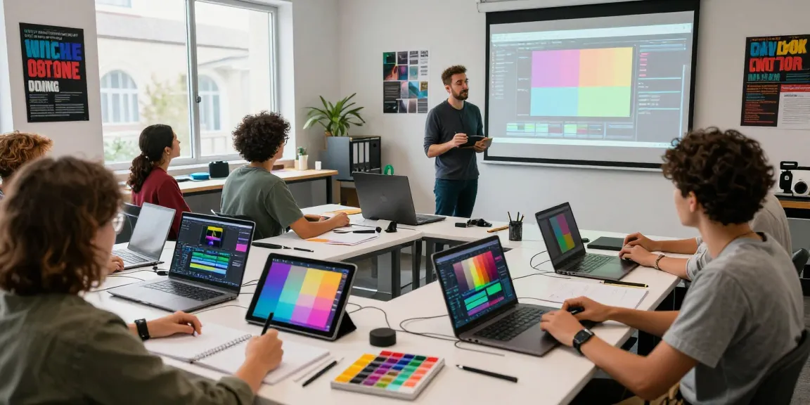 Hands-on After Effects and color grading workshop in a vibrant classroom with diverse learners engaged in editing.