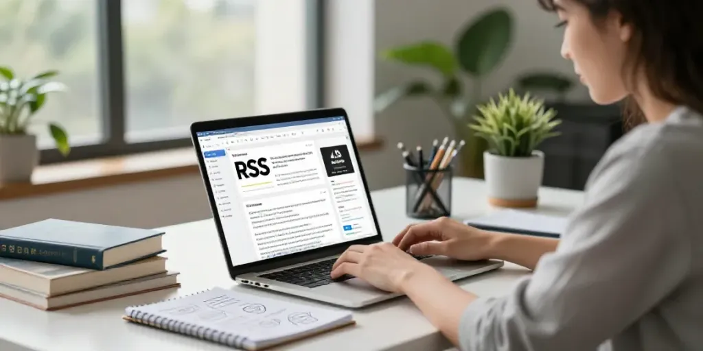 RSS feed based article writing in a tech-savvy office with a writer at work.