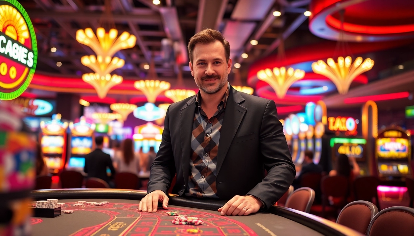 Vegas hero engaging players at a lively craps table in a vibrant casino atmosphere.