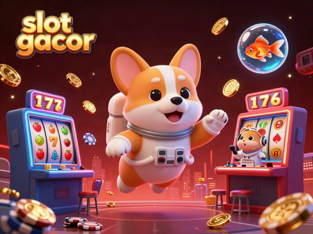 Engage with slot gacor through a vibrant 3D casino scene featuring floating cartoon characters and dynamic game elements.