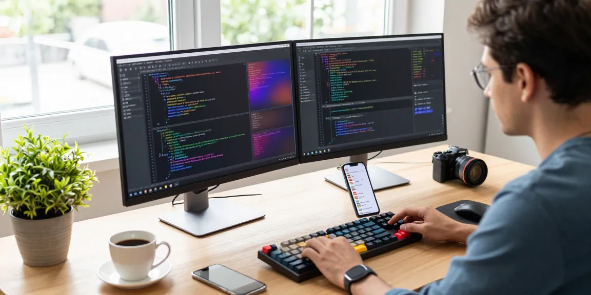 Developer coding at a modern workspace, showcasing 纸飞机官网 and innovative software solutions in a bright environment.