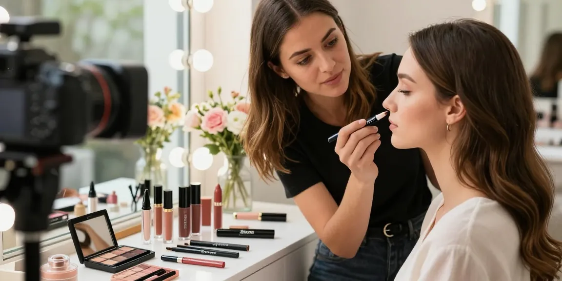 Makeup artist showcasing long-lasting products from wholesale makeup suppliers in a vibrant urban setting.
