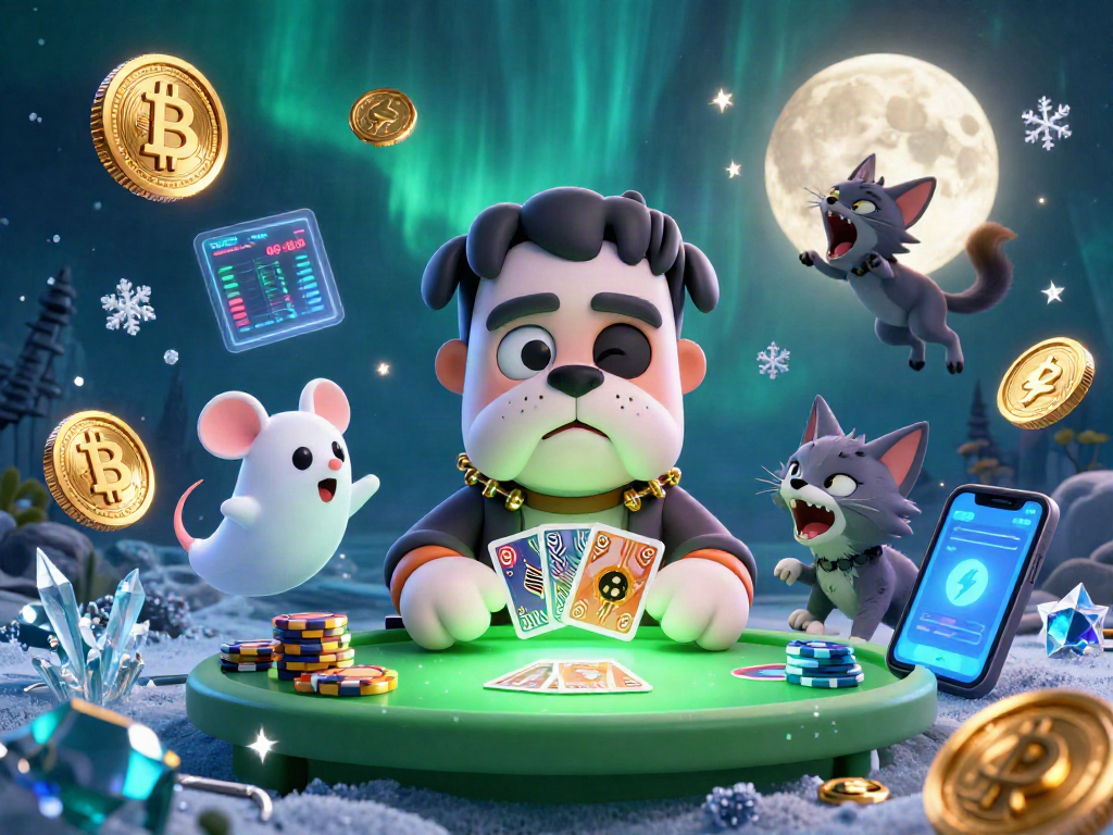 Engage with zeusbola link alternatif in a lively casino scene featuring a clownish bulldog dealer and glowing crypto elements.