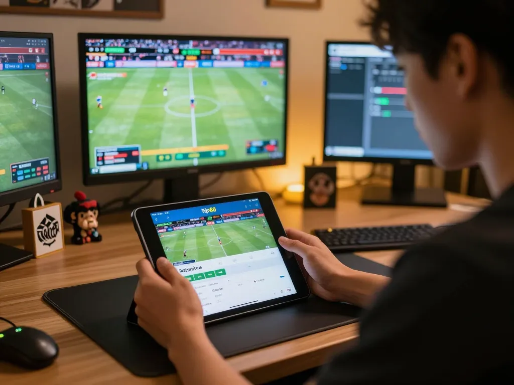 Engaged in strategic sports betting on tip88 using a tablet at home, dynamic atmosphere highlighting live game.