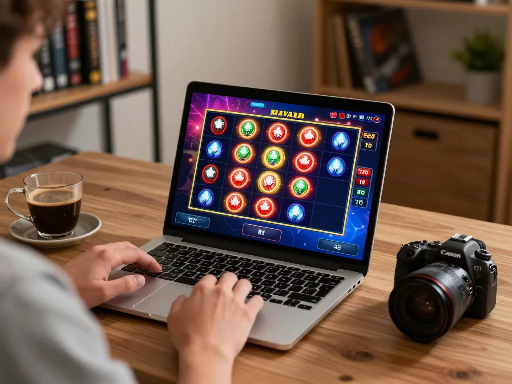 Engaging in online casinos in Canada while playing slots on a laptop at home, showcasing strategy and entertainment.