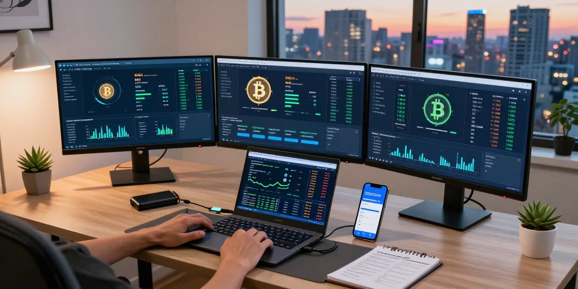 Cloud mining passive income strategies displayed on multiple monitors in a professional cryptocurrency trading setup with security focus.