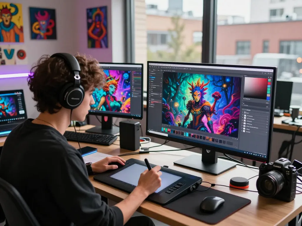 Creative artist using nsfw ai tools in a vibrant digital studio, creating provocative visuals.