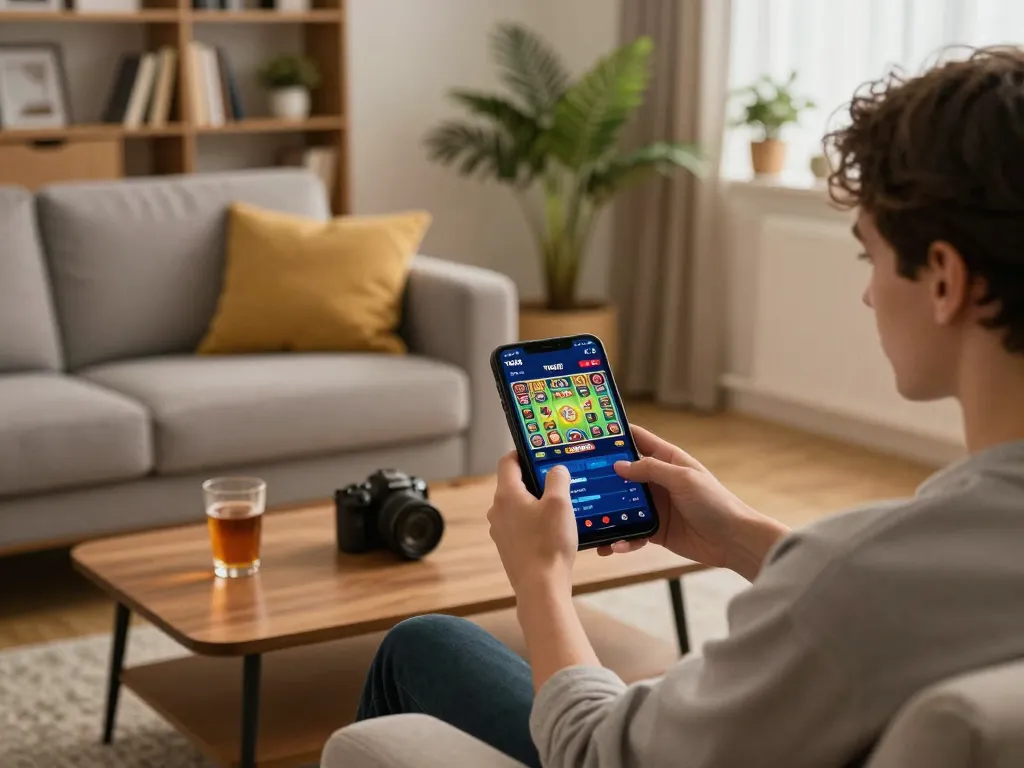 Player enjoying TG88 casino app while sitting comfortably at home, showcasing dynamic slot game action.