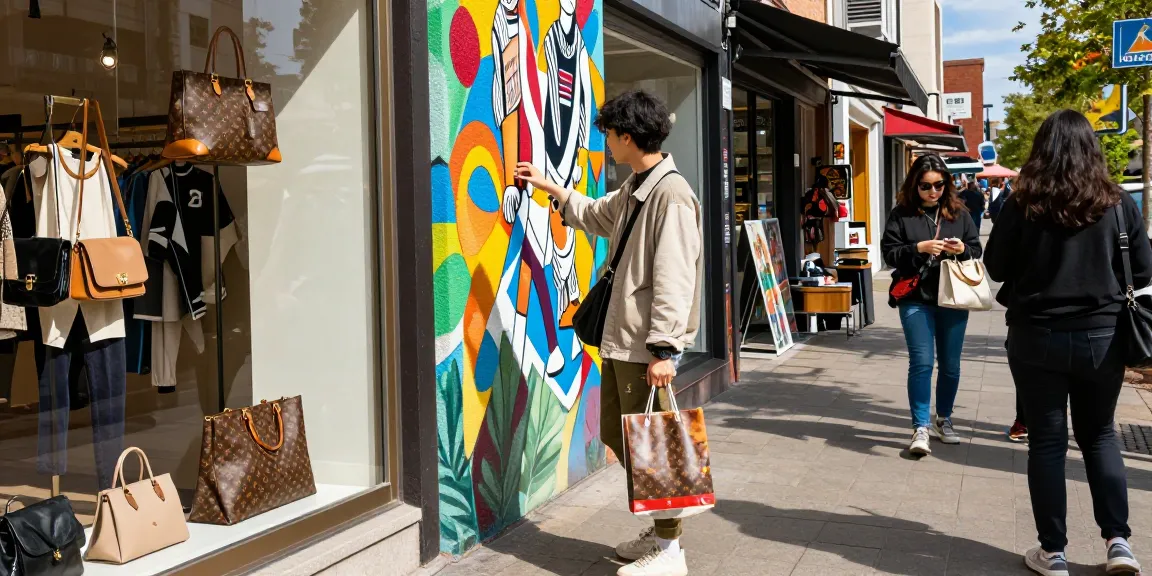 Stylish individual browsing high-quality 레플리카 fashion items in vibrant urban shopping district.