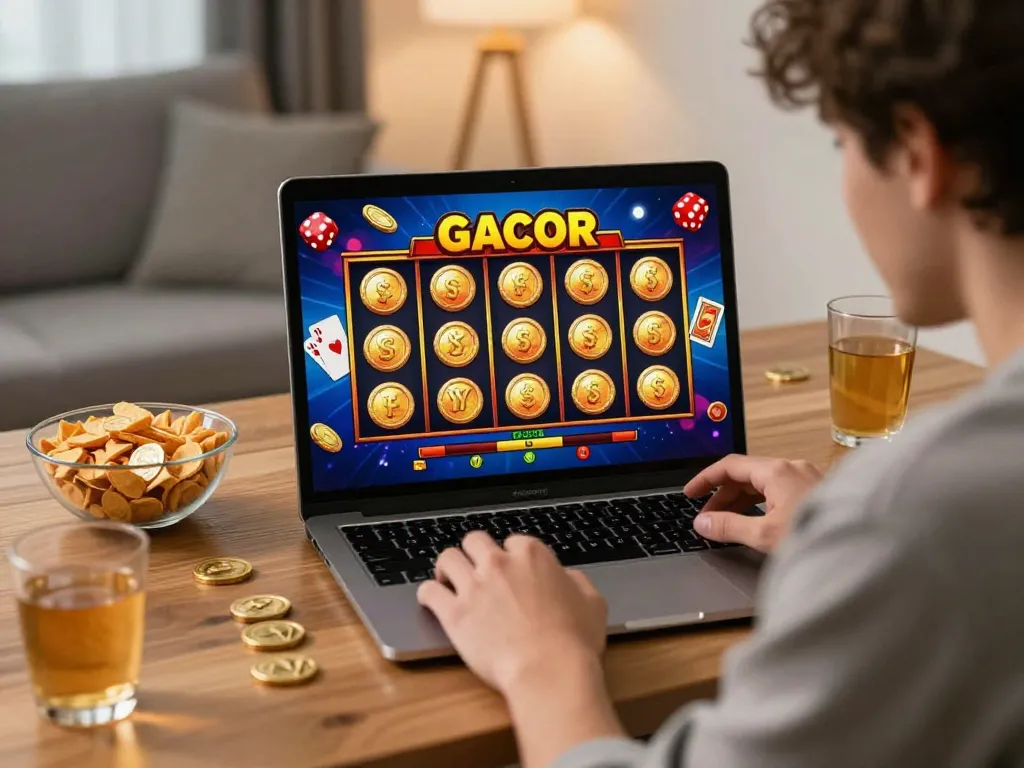 Player enjoying a slot gacor game on a laptop in a cozy home office, surrounded by casino elements.