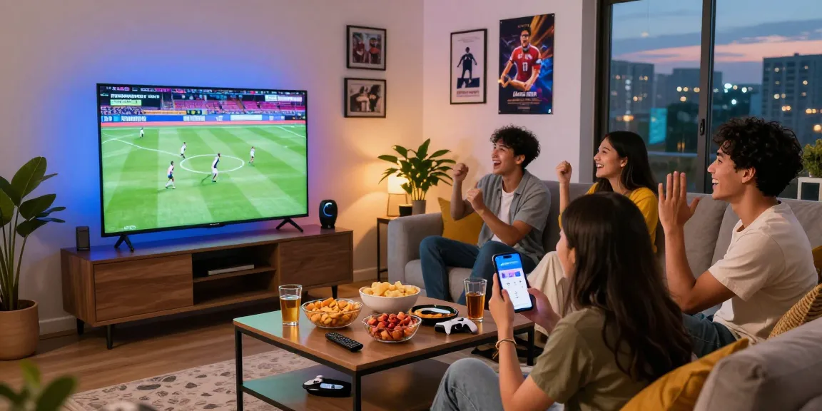 Group enjoying movies and live sports using Pikashow APK on smart TV.