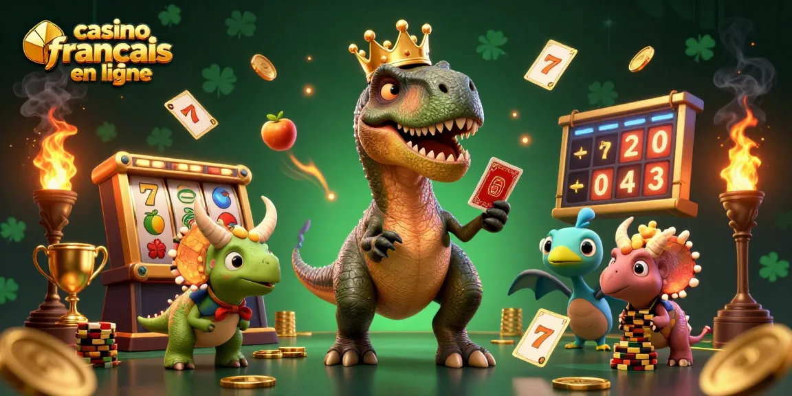 Jouez sur casino francais en ligne avec un T-Rex qui brasse des cartes et un tricératops empilant des jetons d'or.