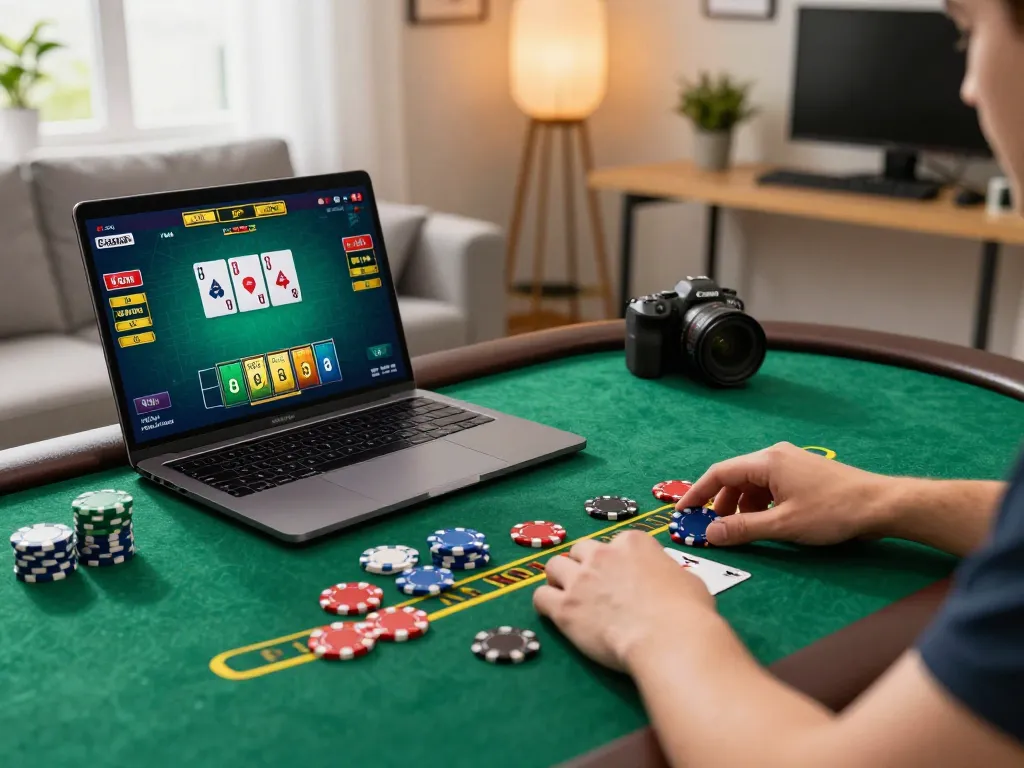 Engaging in blackjack gameplay on 789win com with colorful chips and a cozy home setup