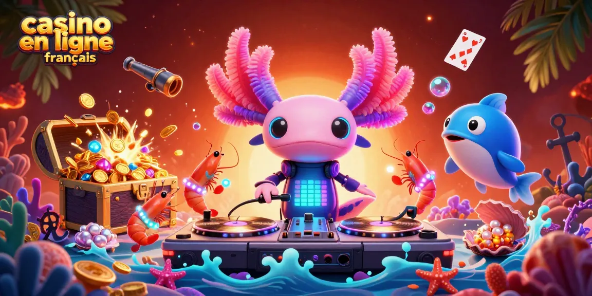 Plongez dans l'univers du casino en ligne français avec une illustration dynamique d'un DJ axolotl et une ambiance festive.