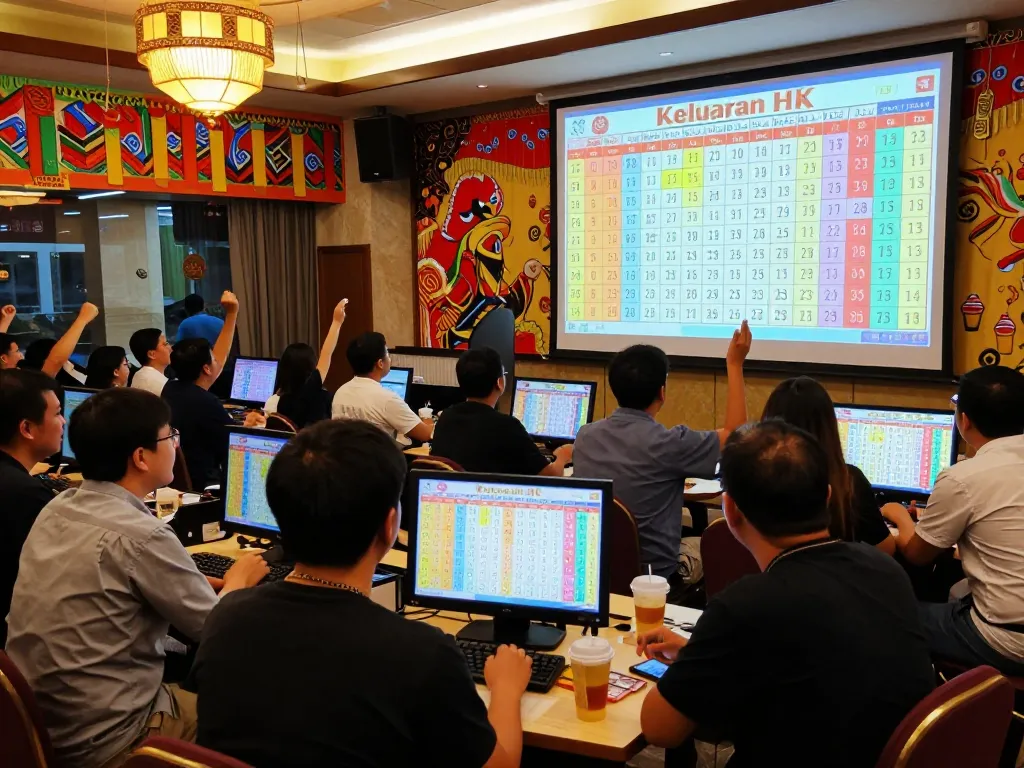 Keluaran HK live draw event with excited players celebrating at a vibrant gaming location.