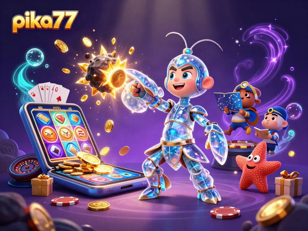 Experience excitement with pika77 as a galactic samurai explodes an asteroid, showering coins in a colorful gambling scene.