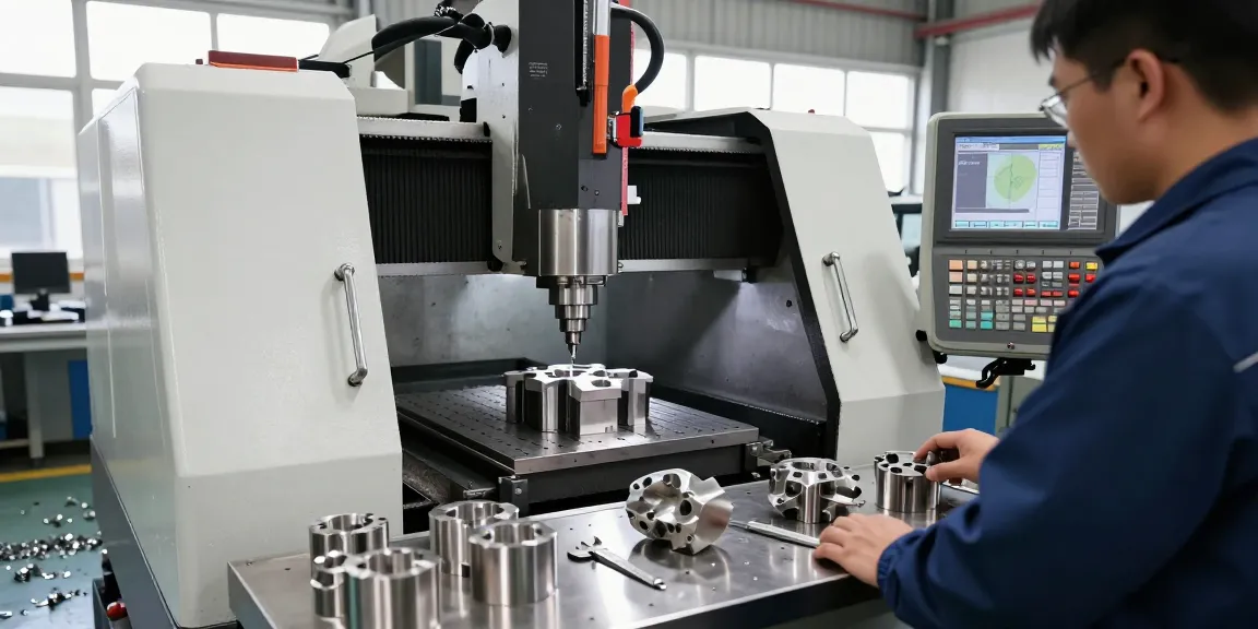 CNC machined stainless steel parts in a dynamic workshop environment with technicians operating modern machinery.