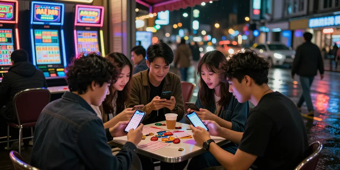 Suasana malam perjudian di kota dengan coloksgp, teman-teman excited memeriksa prediksi lotere di ponsel.