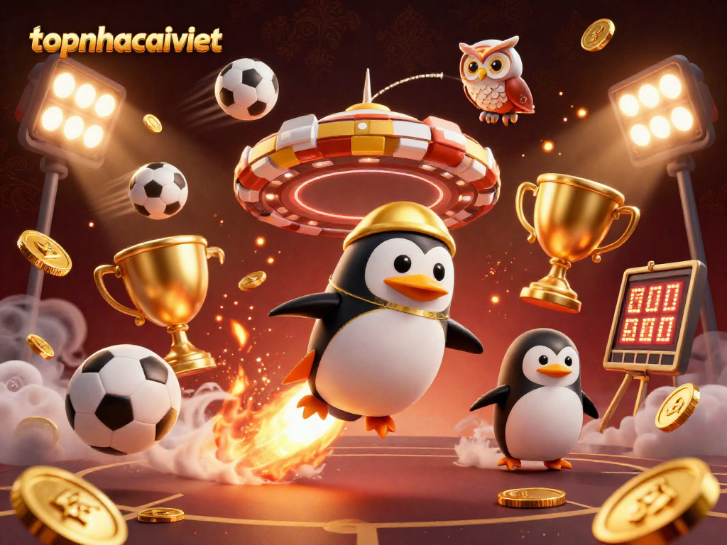 Experience topnhacaiviet as a golden penguin dives toward a casino station amidst dynamic sports elements.