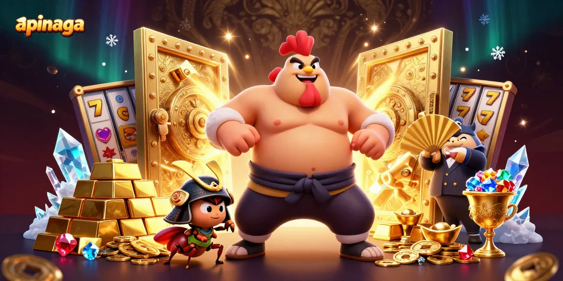 Win big with apinaga: A stunning scene featuring powerful sumo rooster and samurai cricket amidst casino treasures.