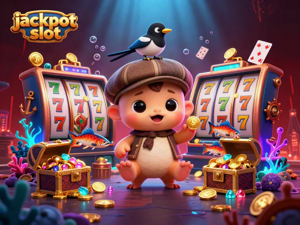 Experience jackpot slots with a playful baby Nessie and gold-obsessed magpie in this 3D casino scene.