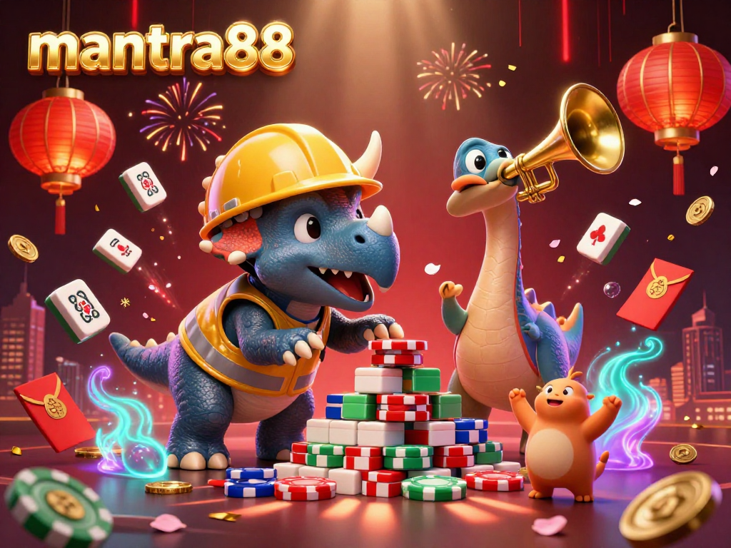 Celebrate wins at mantra88 with a cheerful 3D illustration of a triceratops building poker chip pyramids.
