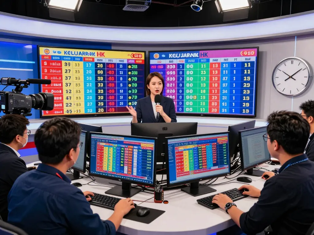 Dynamic studio scene revealing Keluaran HK lottery results with hosts and technology.