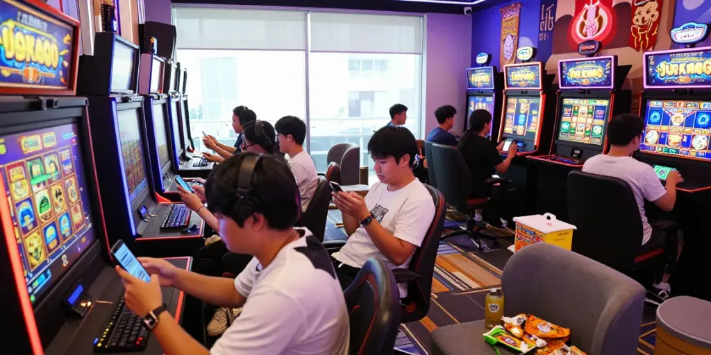 Players experiencing slot gacor maxwin in an engaging live-streamed gaming session with colorful displays and e-wallet interactions.