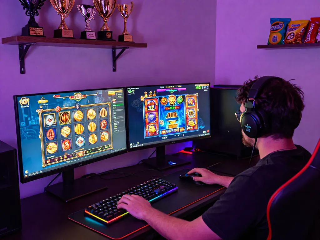 Engaging player immersed in online slot maxwin gaming experience with vibrant gaming setup.