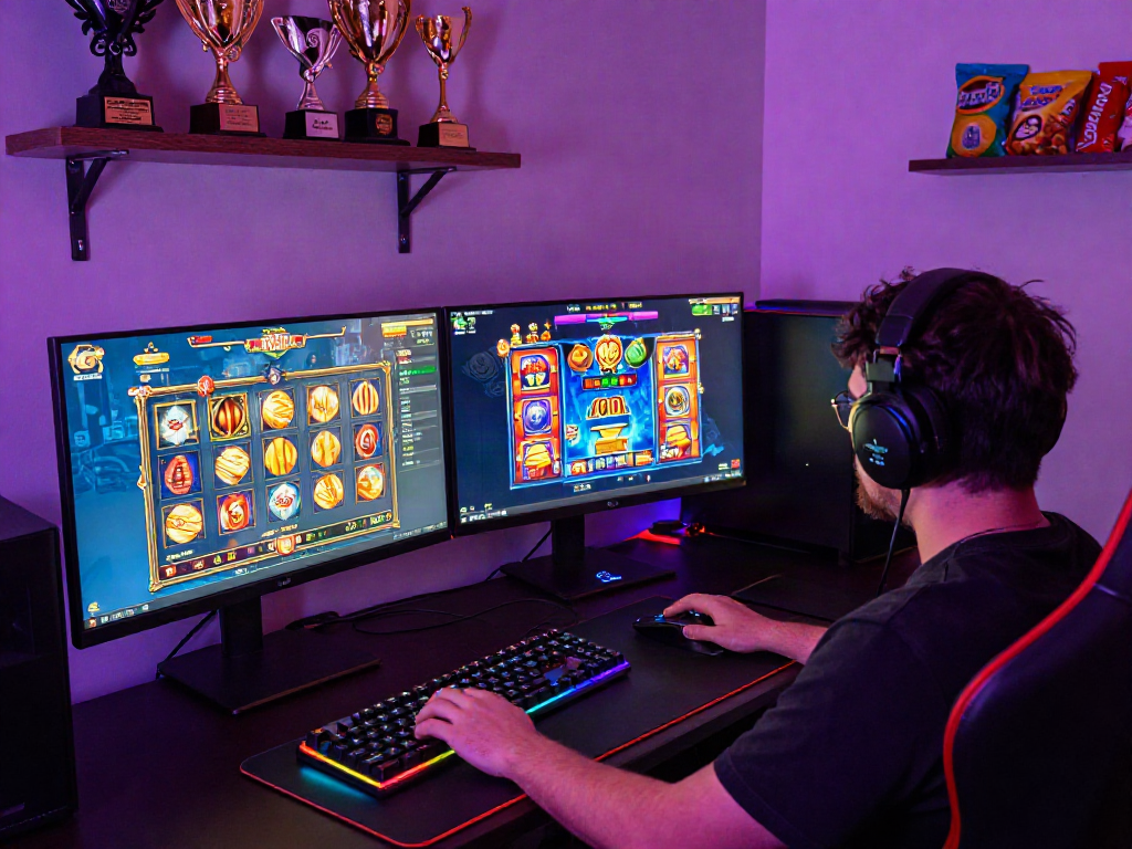 Engaging player immersed in online slot maxwin gaming experience with vibrant gaming setup.