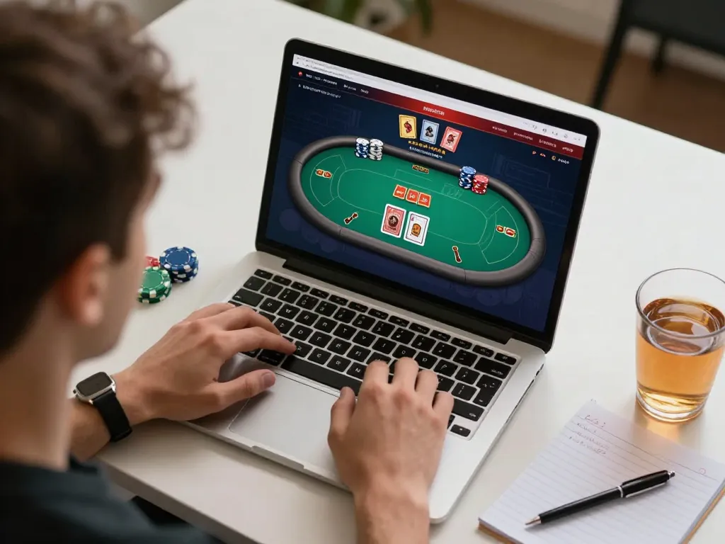 Engaging in strategic online gambling with samsonbet86 interface on laptop, showcasing focused gameplay.