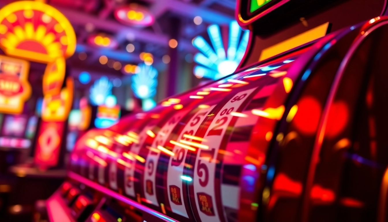 Menangkan slot777 dengan mesin slot yang bersinar di latar belakang kasino yang cerah.