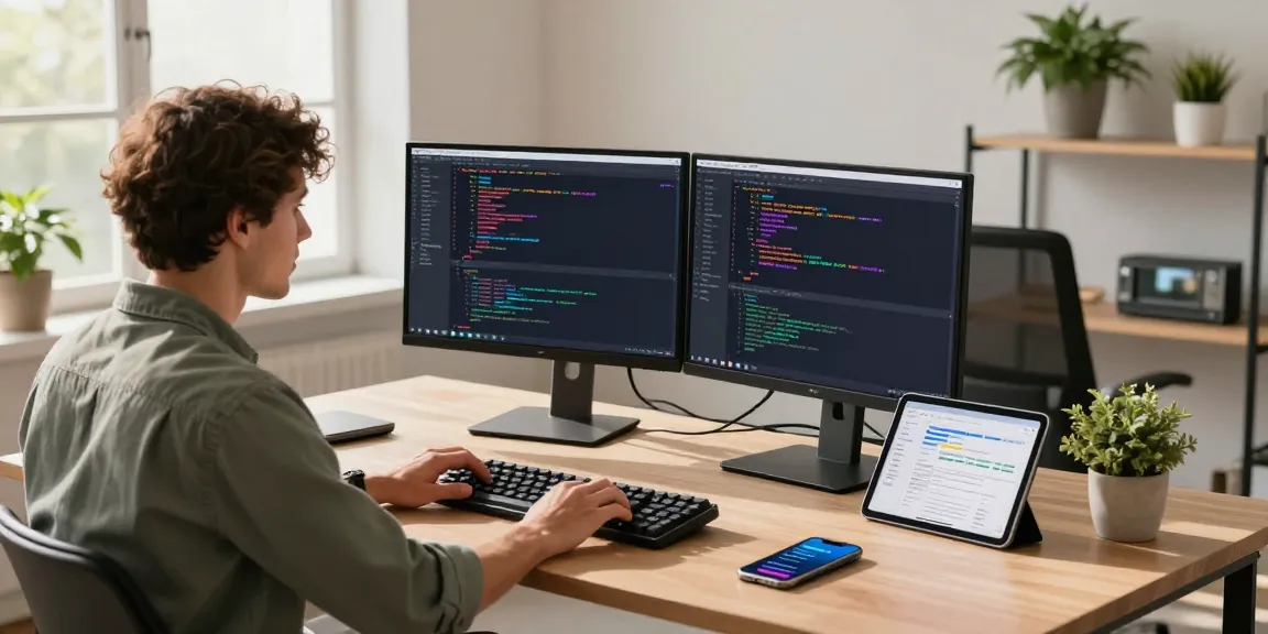 Workspace scene showcasing a developer coding at their desk, highlighting the 纸飞机中文版官网 tech atmosphere with modern gadgets.