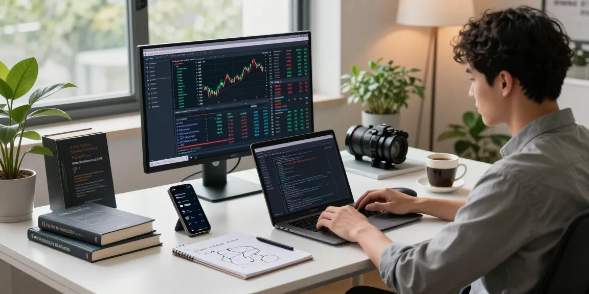Engineer coding Japan stock WebSocket API at modern workspace with live market data.